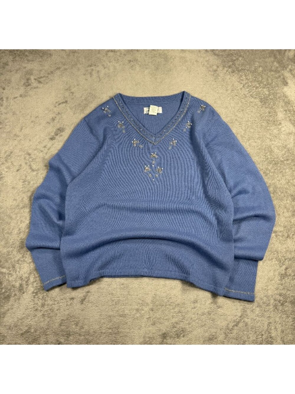 Vintage Haband Blue Beaded V-Neck Sweater Womens M Nordic Grandma Cottagecore